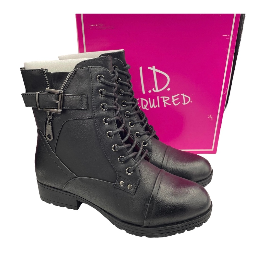 ID REQUIRED lace-up black stylish combat moto boots buckle detail women’s Size 7